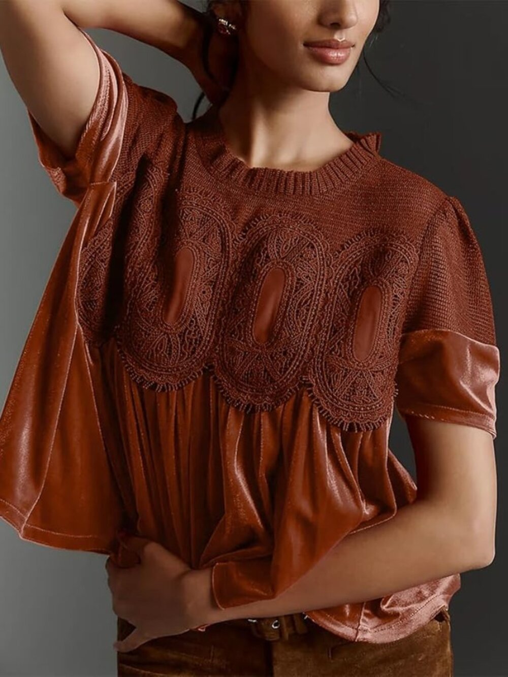 New - Women's‎ Velvet Lace Baby doll Tops Casual Round Neck Short Sleeve Flared